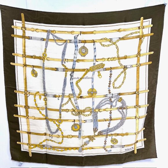 Antique McDavid Haute Joaillerie 100% Silk Scarf Satin 34" Ivery olive Gold(22 - Picture 11 of 12